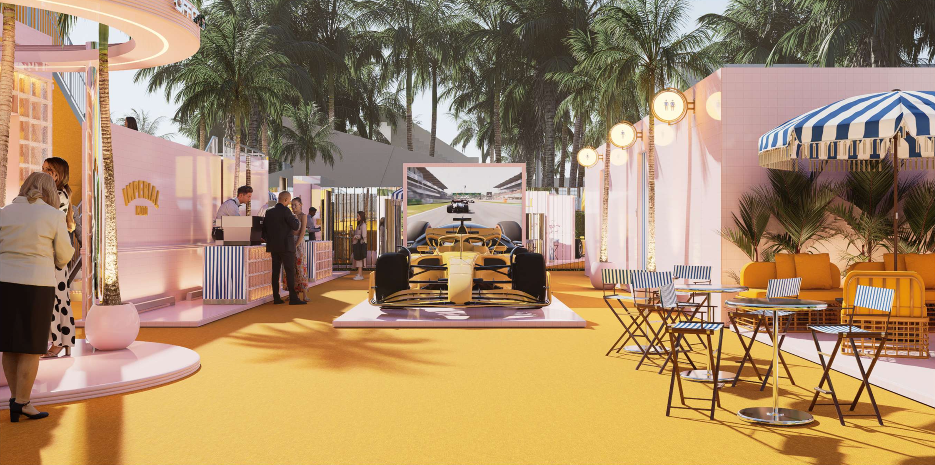 Off Grid venue rendering — courtyard overview